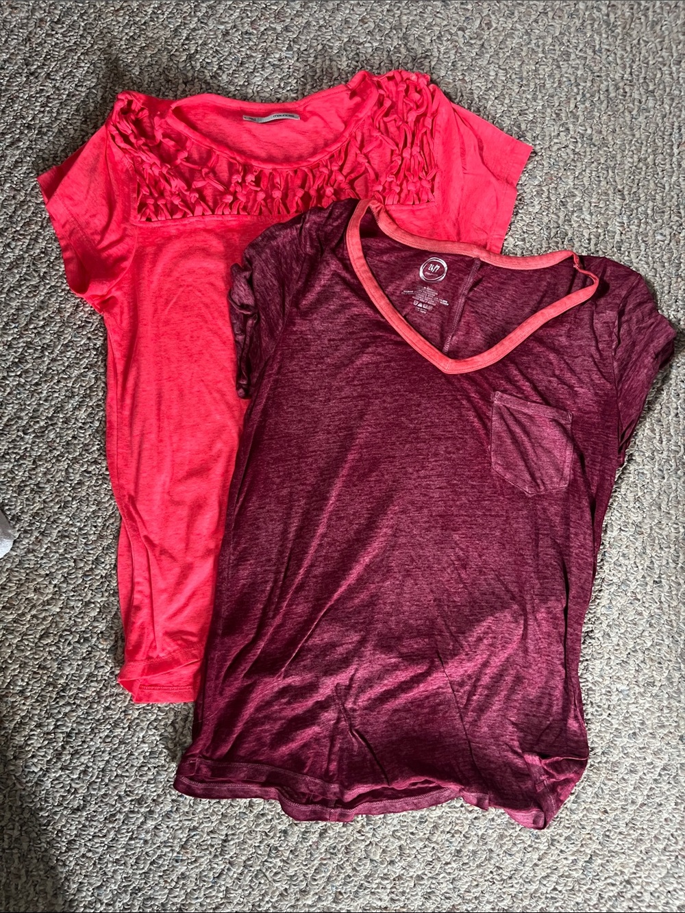 Maurices Tees in Coral and Burgundy